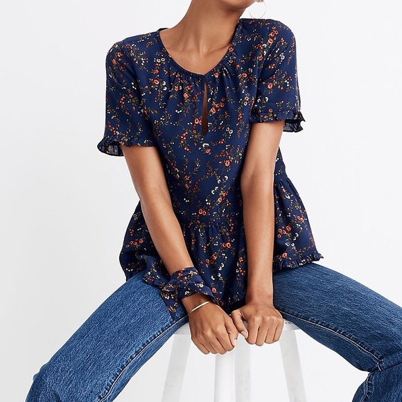 Madewell 100% Silk Stanza Ruffle-Hem Top Blouse XXS in Moonless Floral Navy - Picture 2 of 11